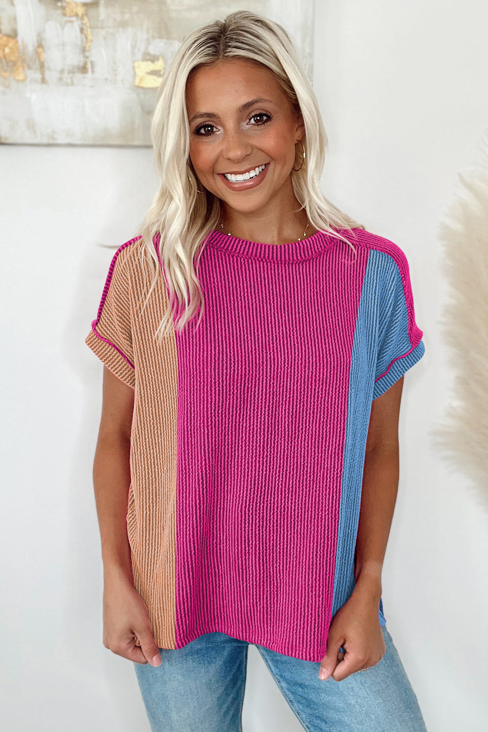 Apricot Pink Textured Colorblock Crew Neck T Shirt