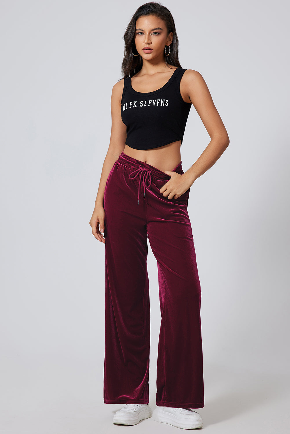 Velvet Drawstring Waist Wide Leg Pants