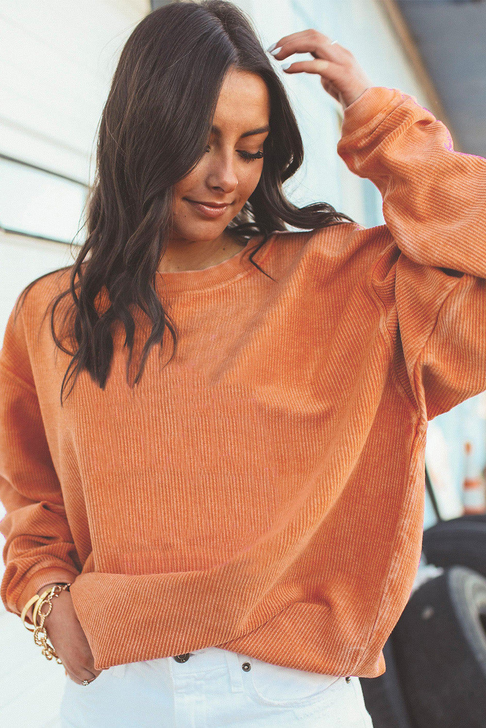Strawberry Pink Ribbed Corded Oversized Sweatshirt