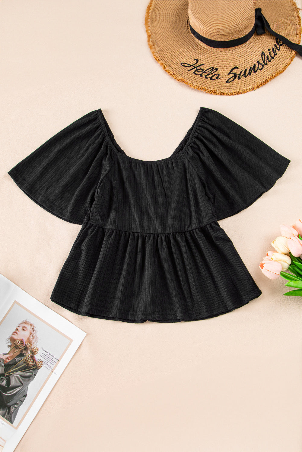 Oatmeal Shirred V Neck Short Flutter Sleeve Textured Blouse