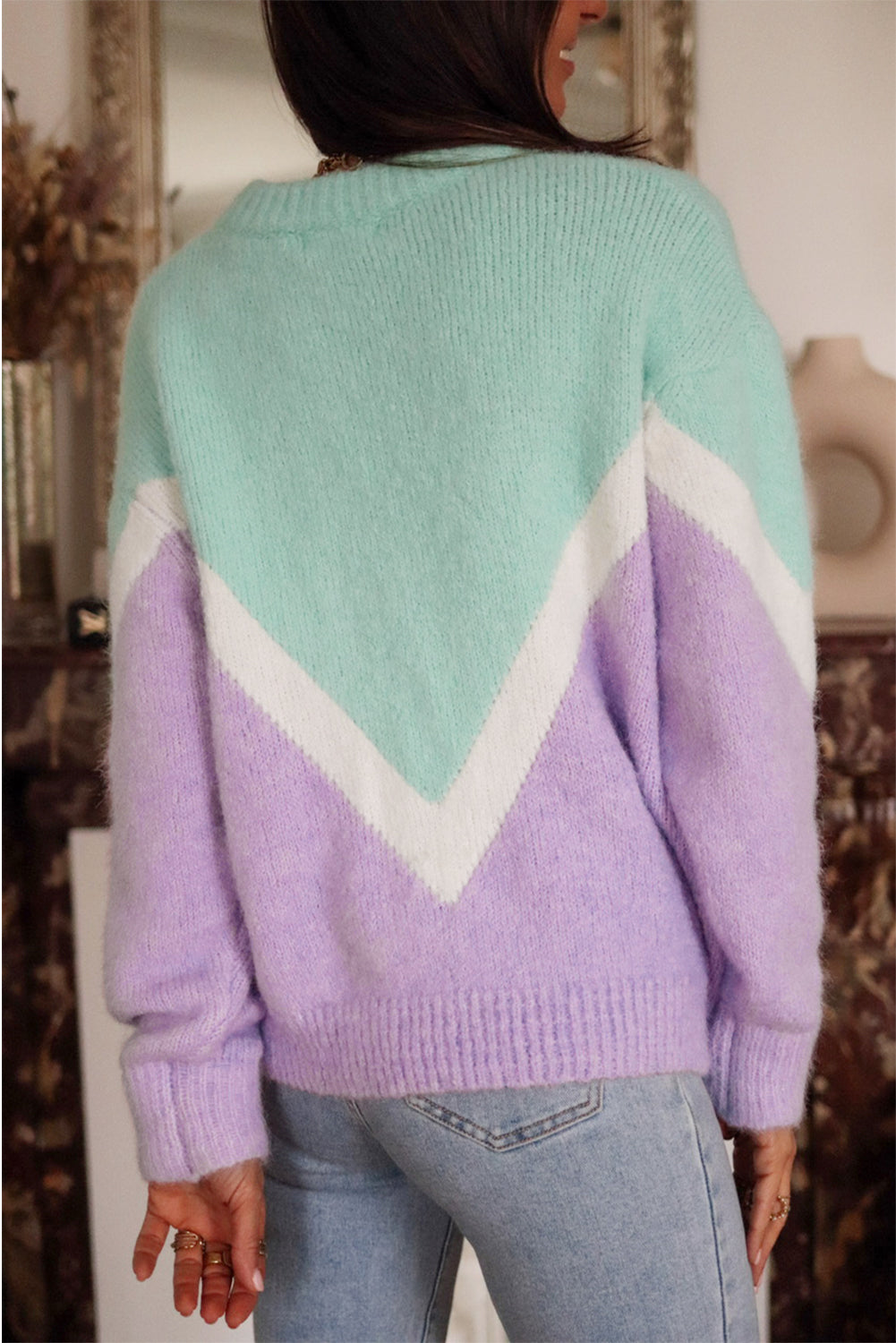 Chevron Colorblock Ribbed Knit Drop Shoulder Sweater
