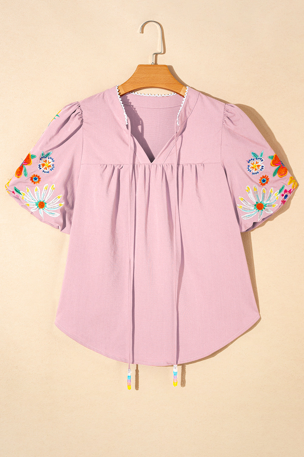 Black Floral Embroidered Puff Sleeve Split Neck Blouse