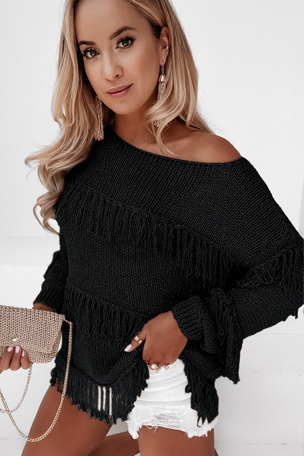 Pink Boho Tasseled Knitted Sweater