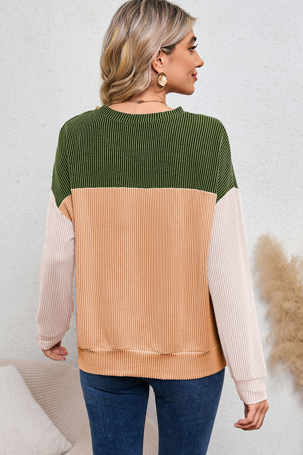 Color Block Ribbed Loose Long Sleeve Top