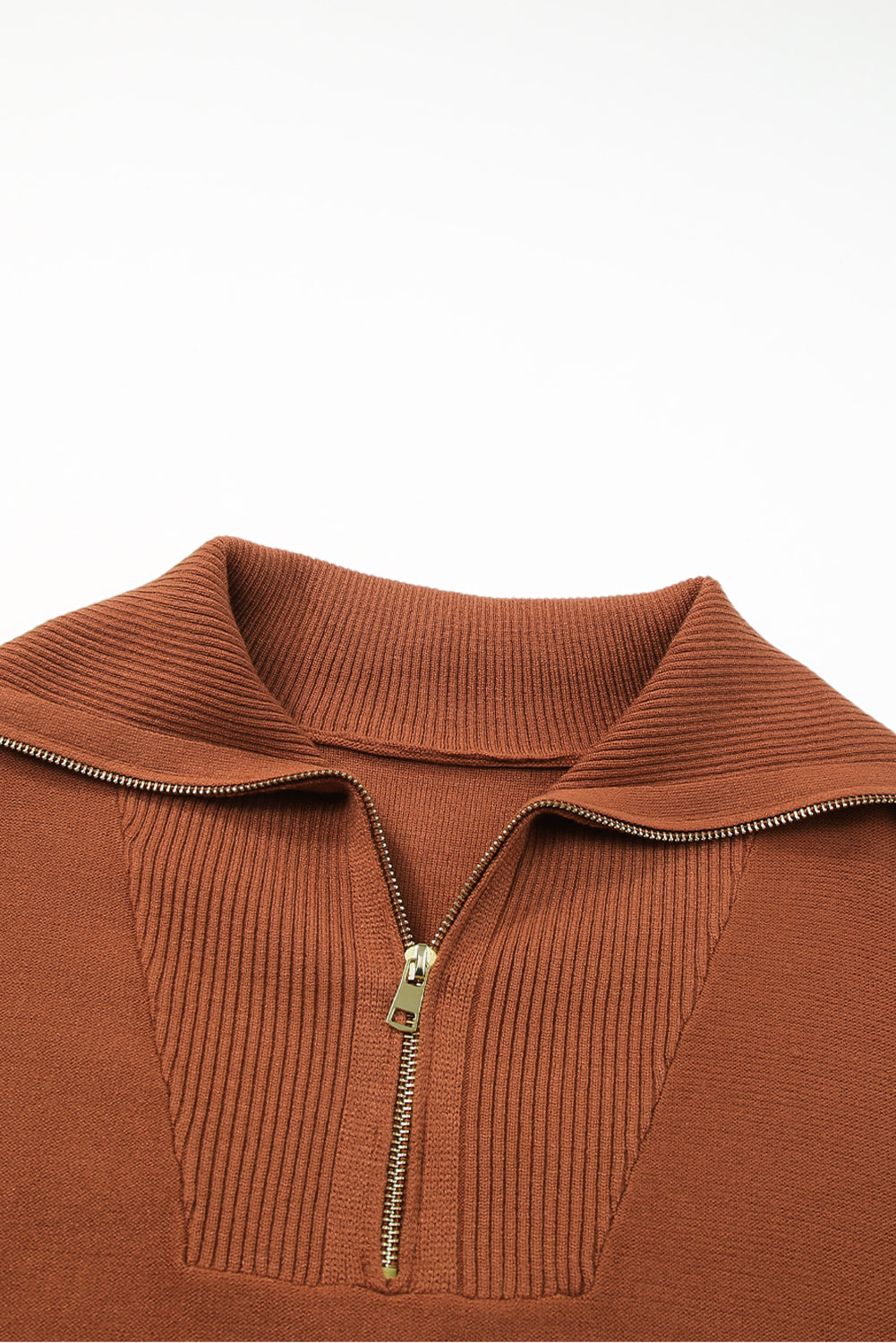 Rose Solid Ribbed Trim Plus Size Zip Collar Sweater