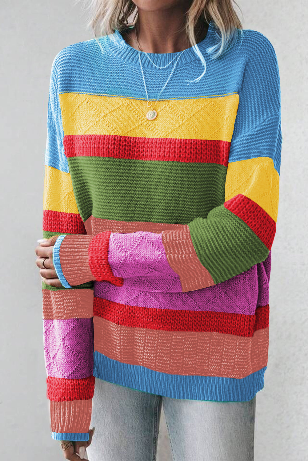 Don't Worry, Be Happy - Mixed Textured Drop Shoulder Sweater