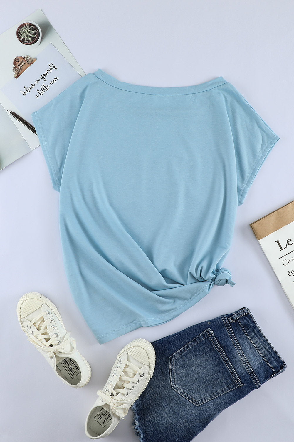 Solid Color Short Sleeve Basic T Shirt with Patch Pocket