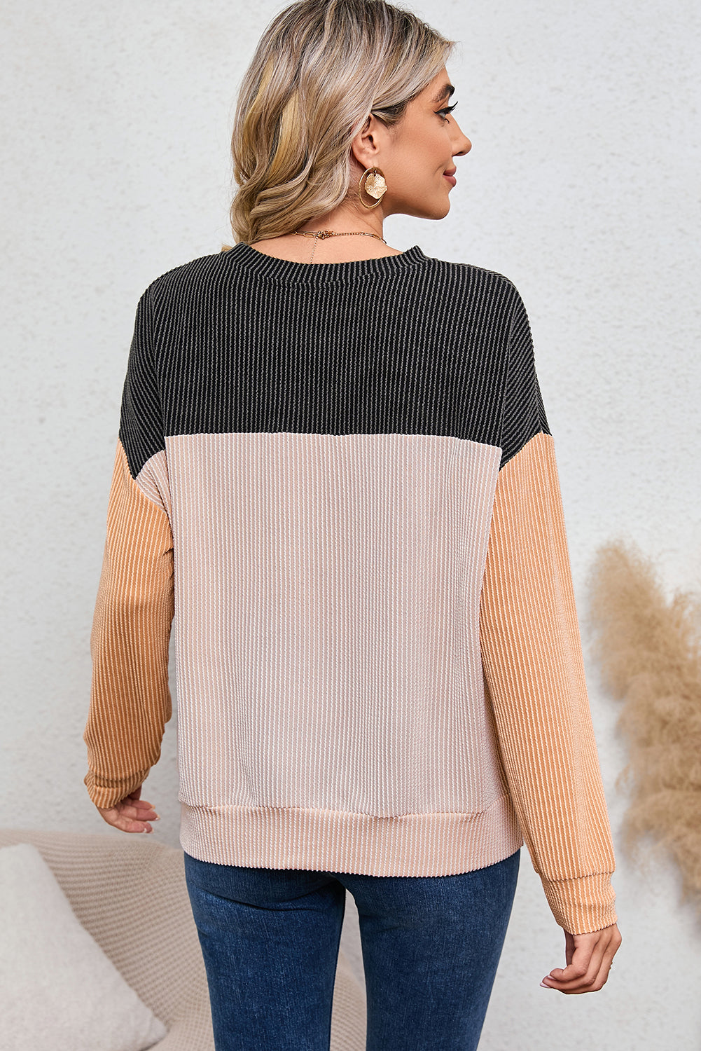 Color Block Ribbed Loose Long Sleeve Top