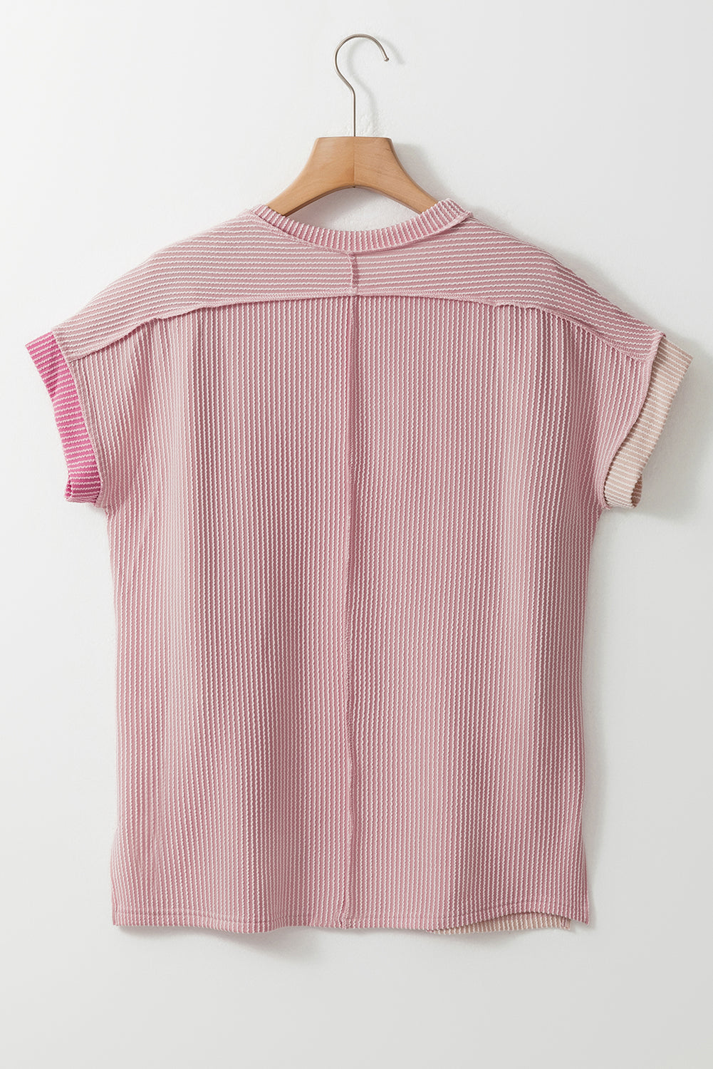 Apricot Pink Textured Colorblock Crew Neck T Shirt