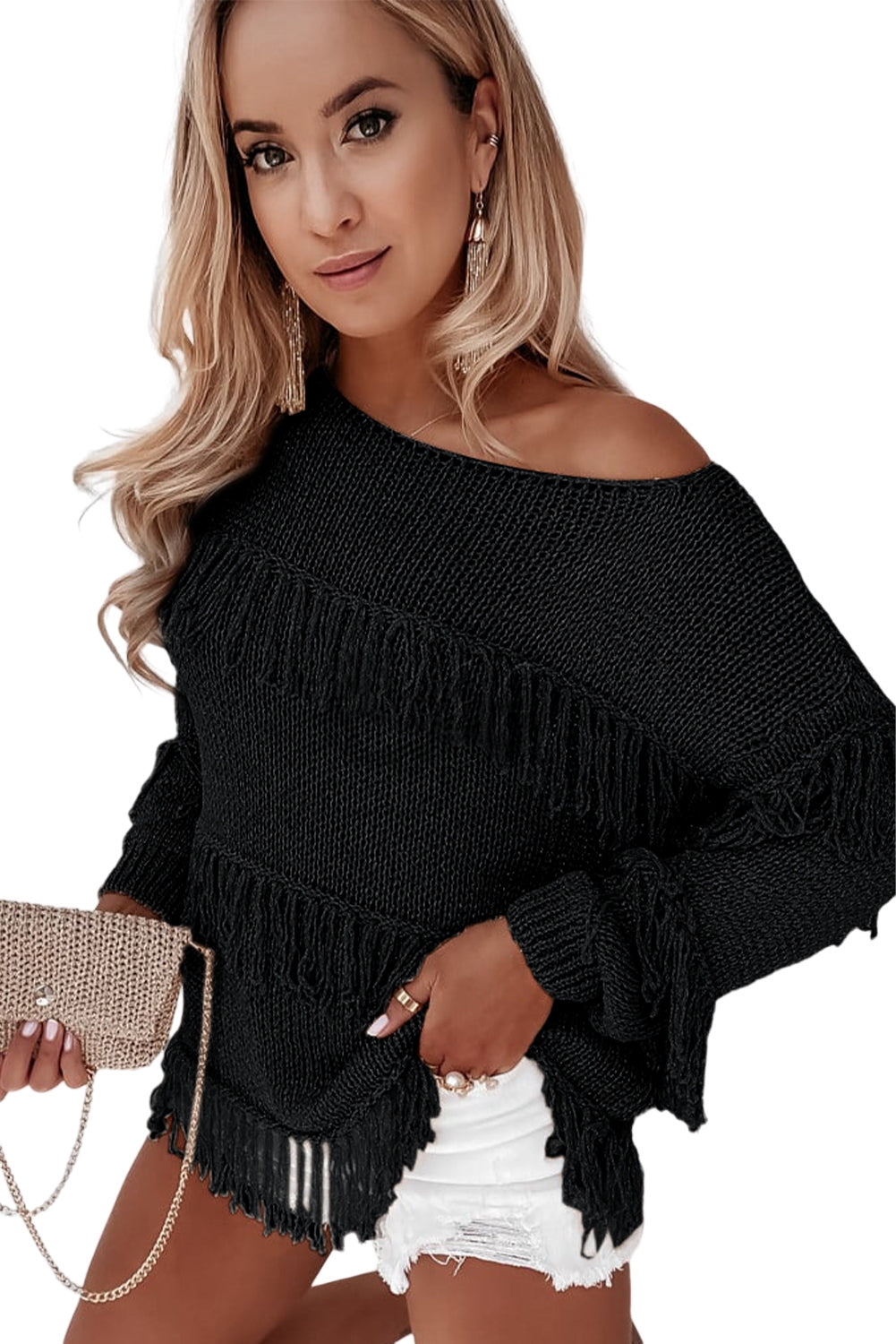 Pink Boho Tasseled Knitted Sweater