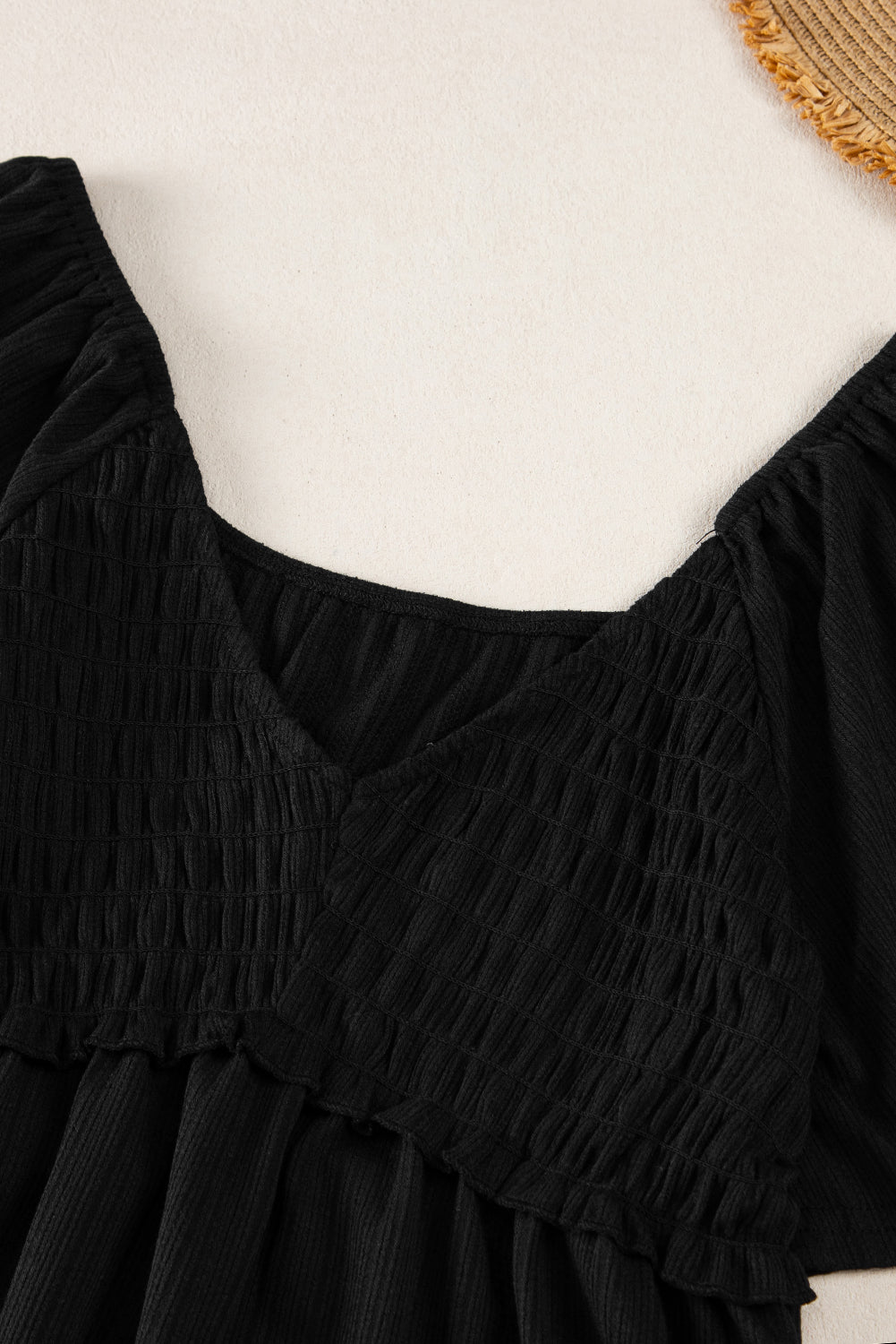 Oatmeal Shirred V Neck Short Flutter Sleeve Textured Blouse