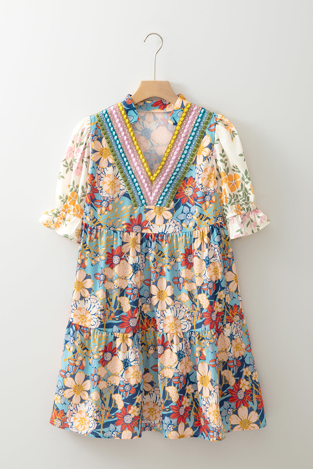Boho Floral Print Crochet Patchwork Dress