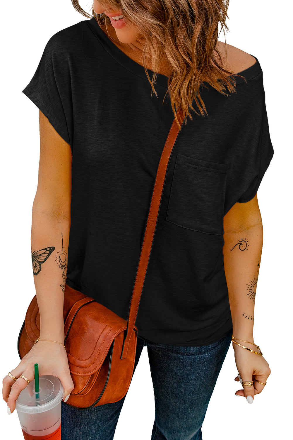 Solid Color Short Sleeve Basic T Shirt with Patch Pocket