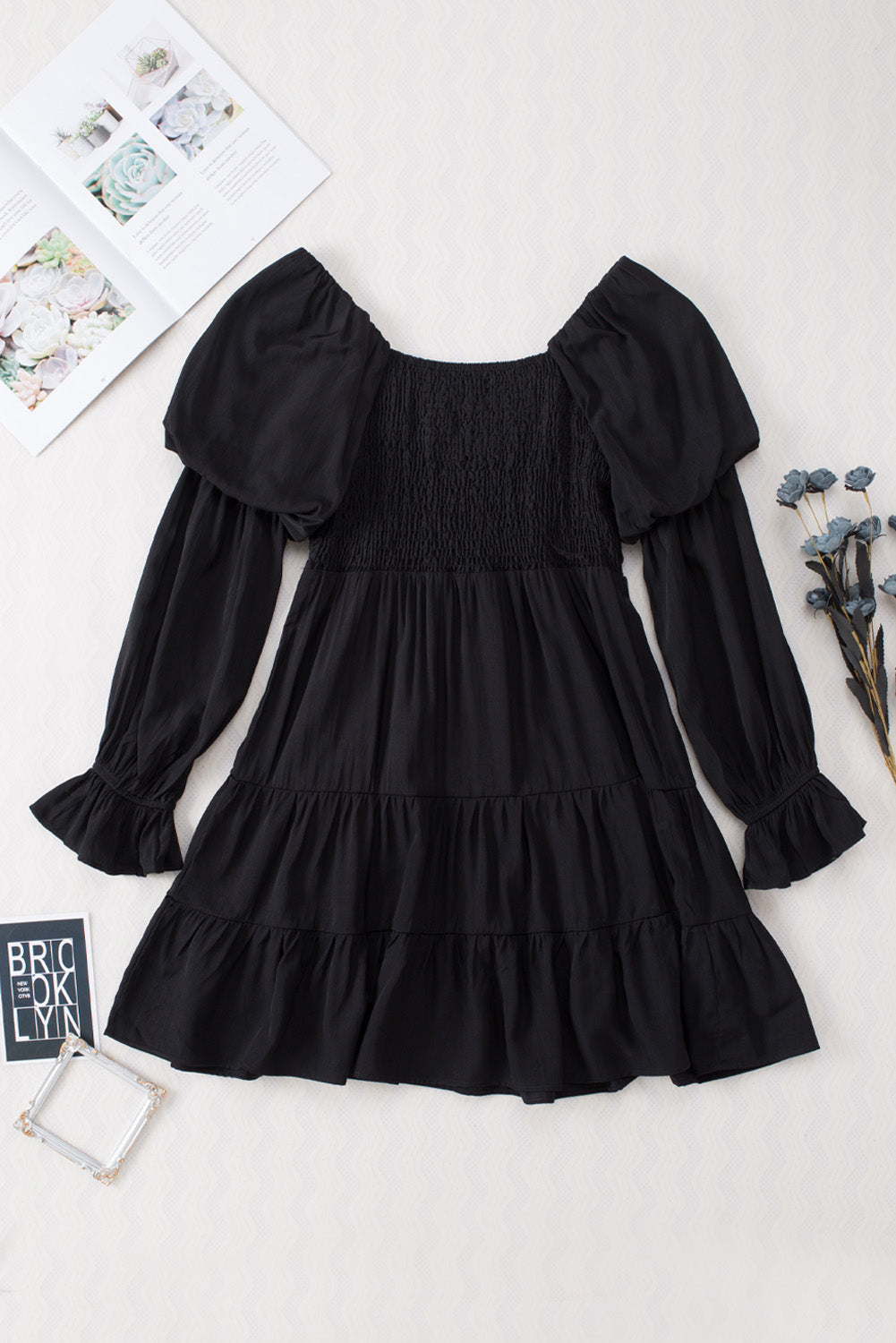 Brown Boho Solid Shirred Ruffle Mini Dress