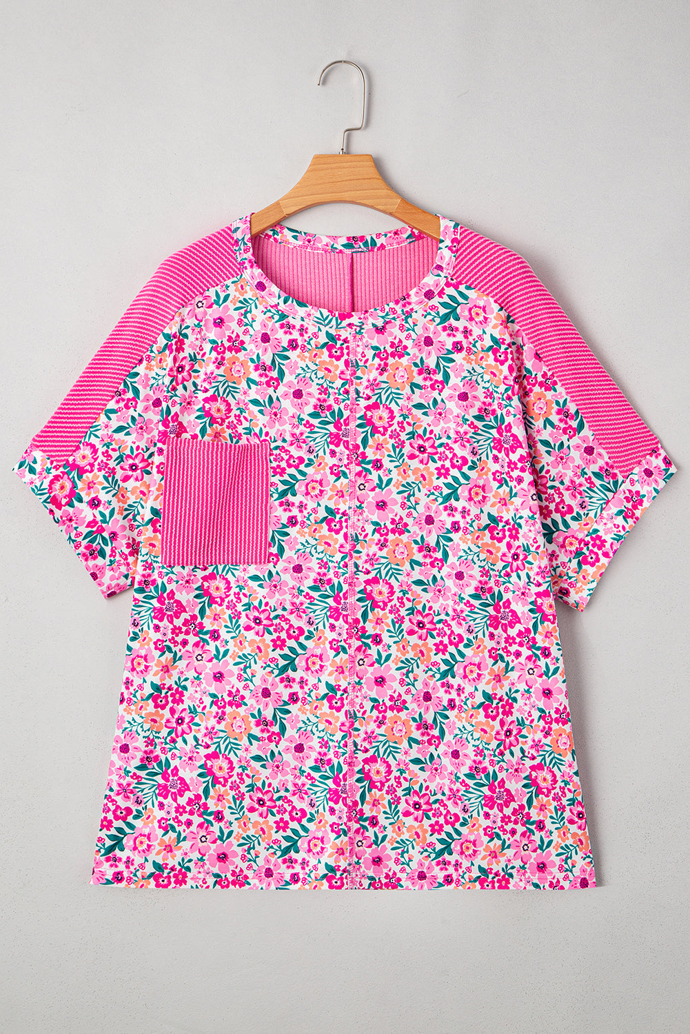 Pink Floral Print Corded Patchwork Loose Top