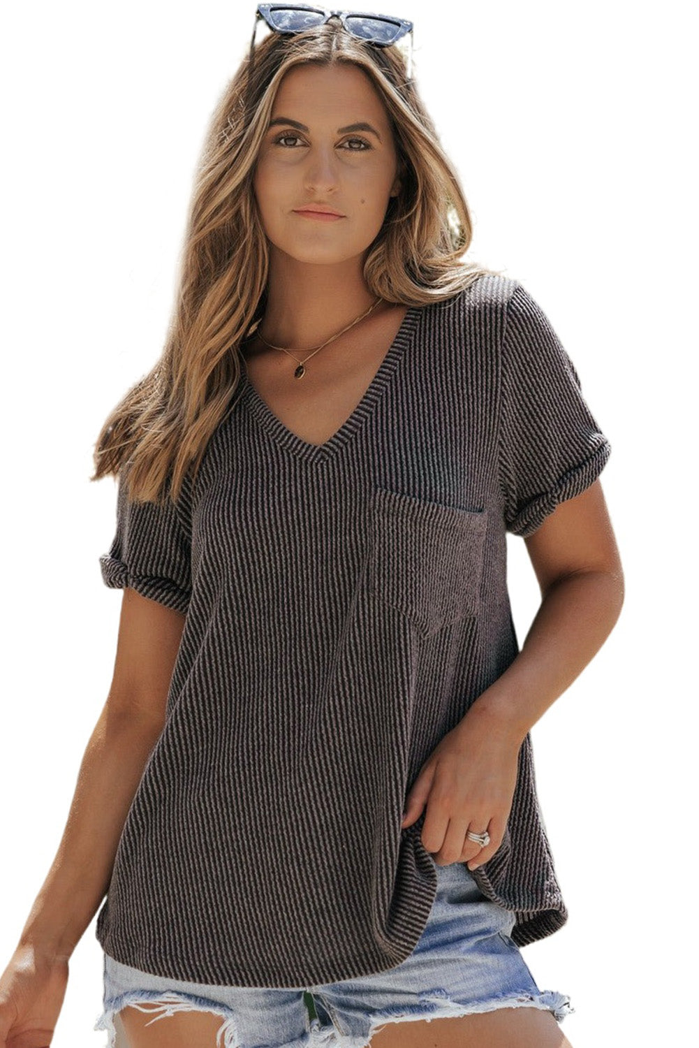 Laurel Green Twist Short Sleeve Corded V Neck Top