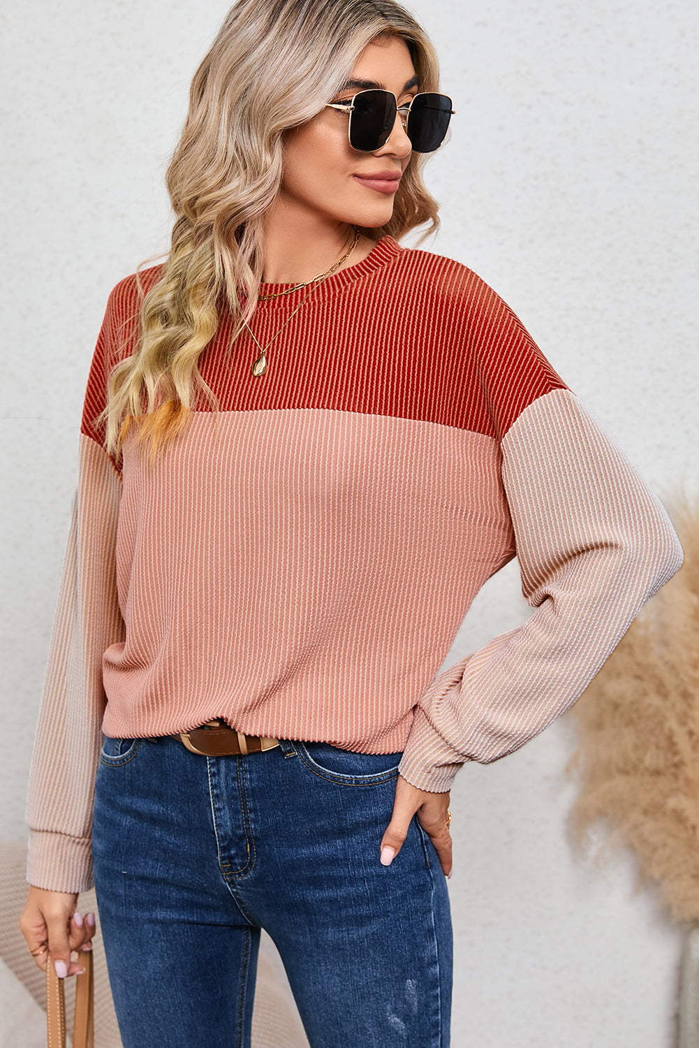 Color Block Ribbed Loose Long Sleeve Top