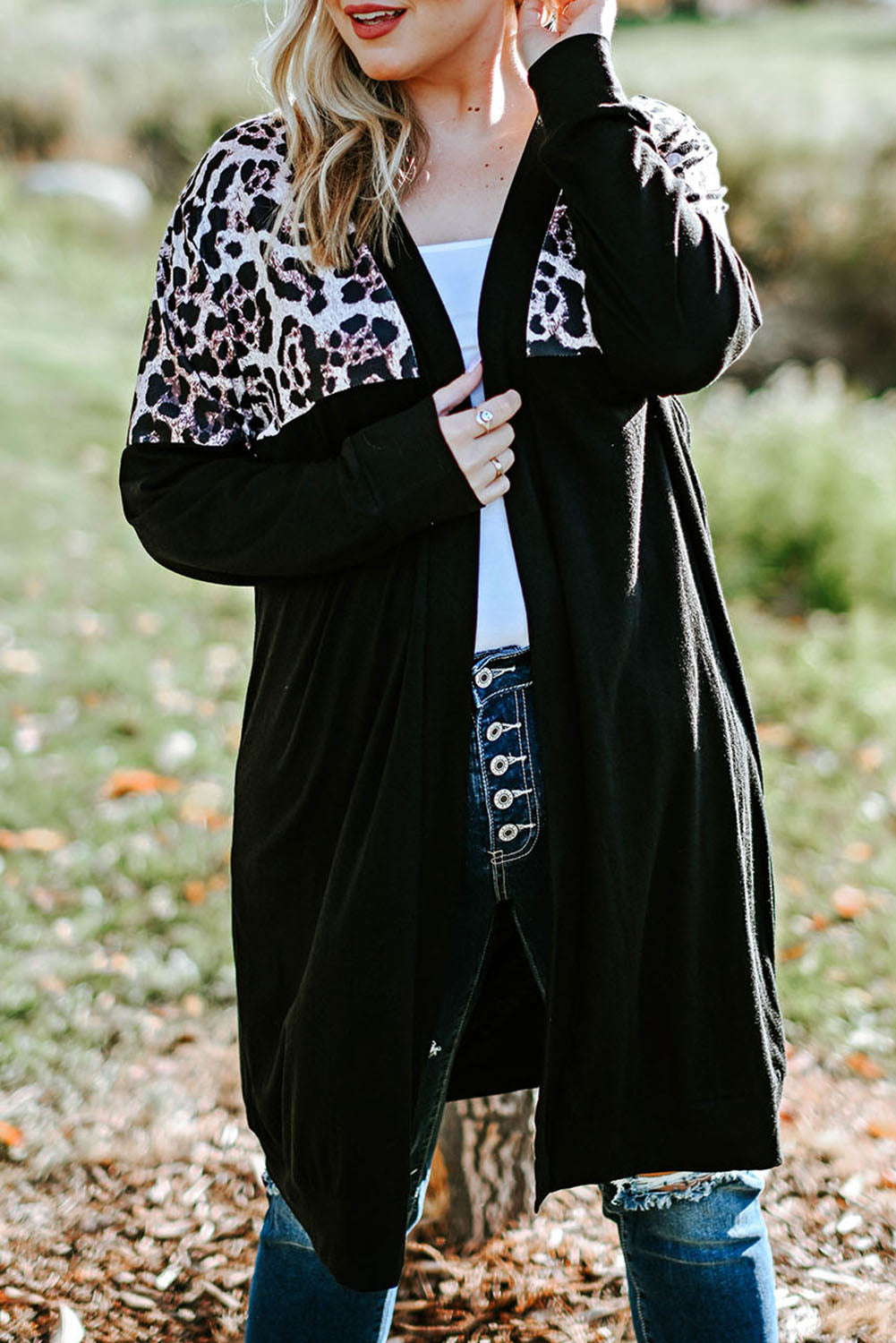 Red Printed Leopard Detail Plus Size Cardigan