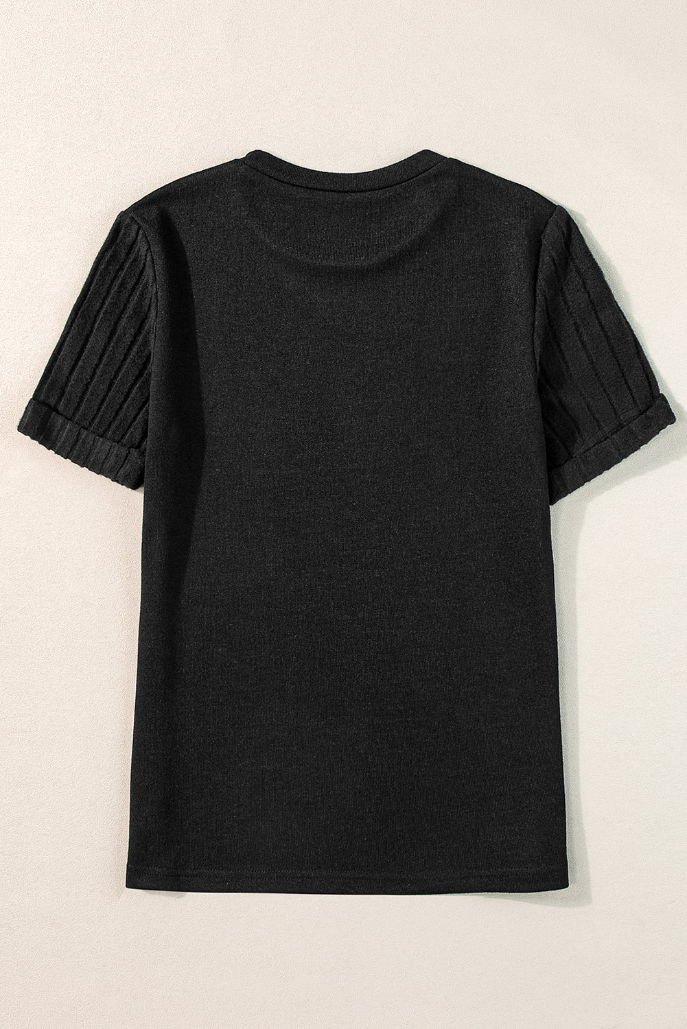 Gray Ribbed Splicing Sleeve Round Neck T-shirt