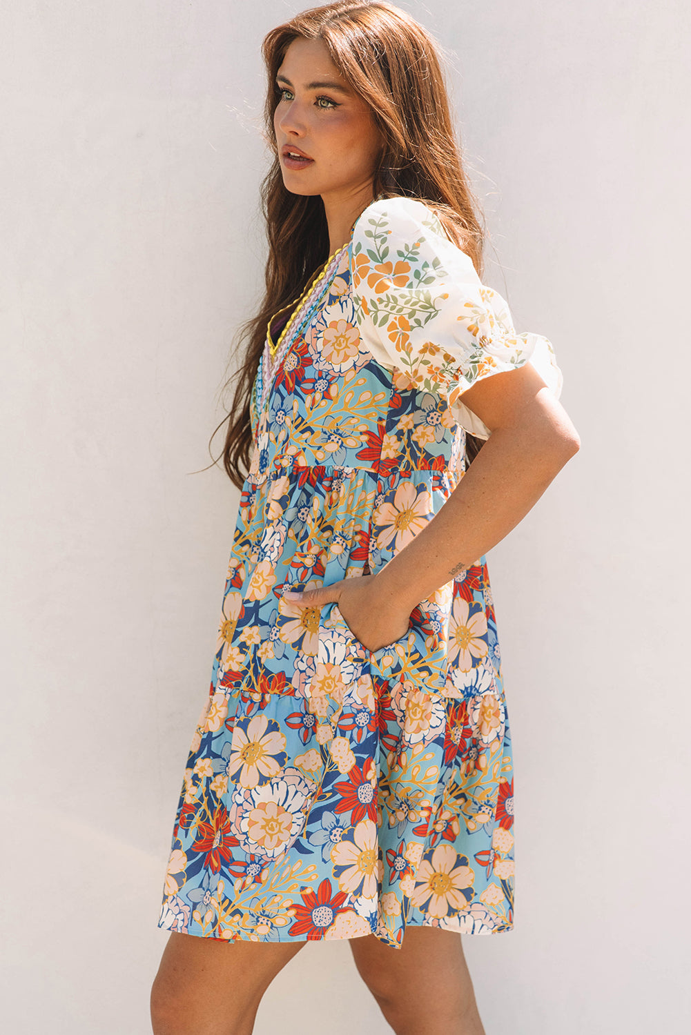 Boho Floral Print Crochet Patchwork Dress
