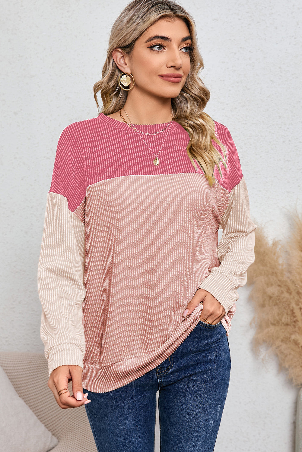 Color Block Ribbed Loose Long Sleeve Top
