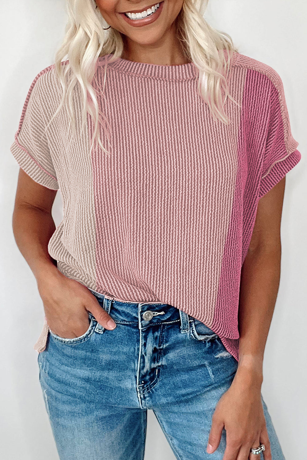Apricot Pink Textured Colorblock Crew Neck T Shirt