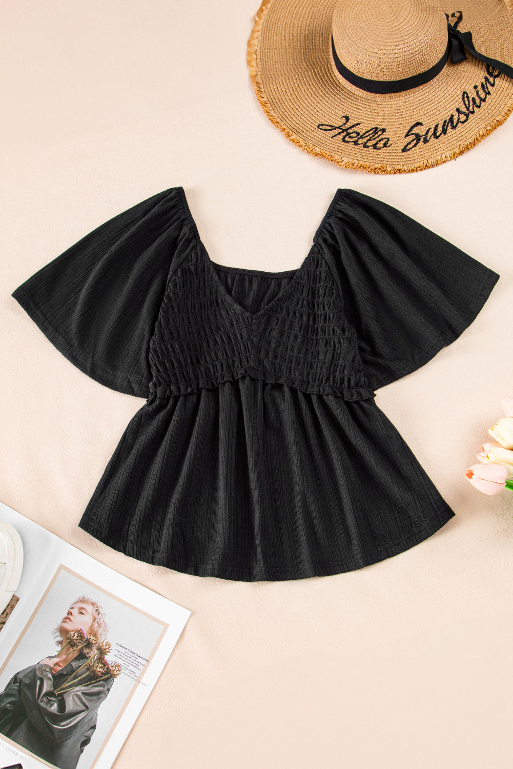 Oatmeal Shirred V Neck Short Flutter Sleeve Textured Blouse