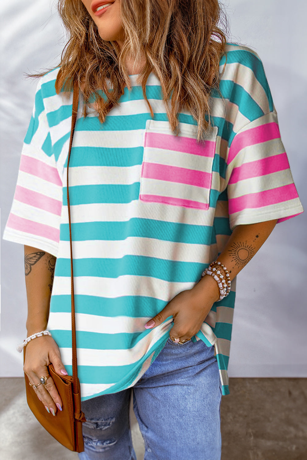 Orange Stripe Contrast Patch Pocket Drop Sleeve T Shirt