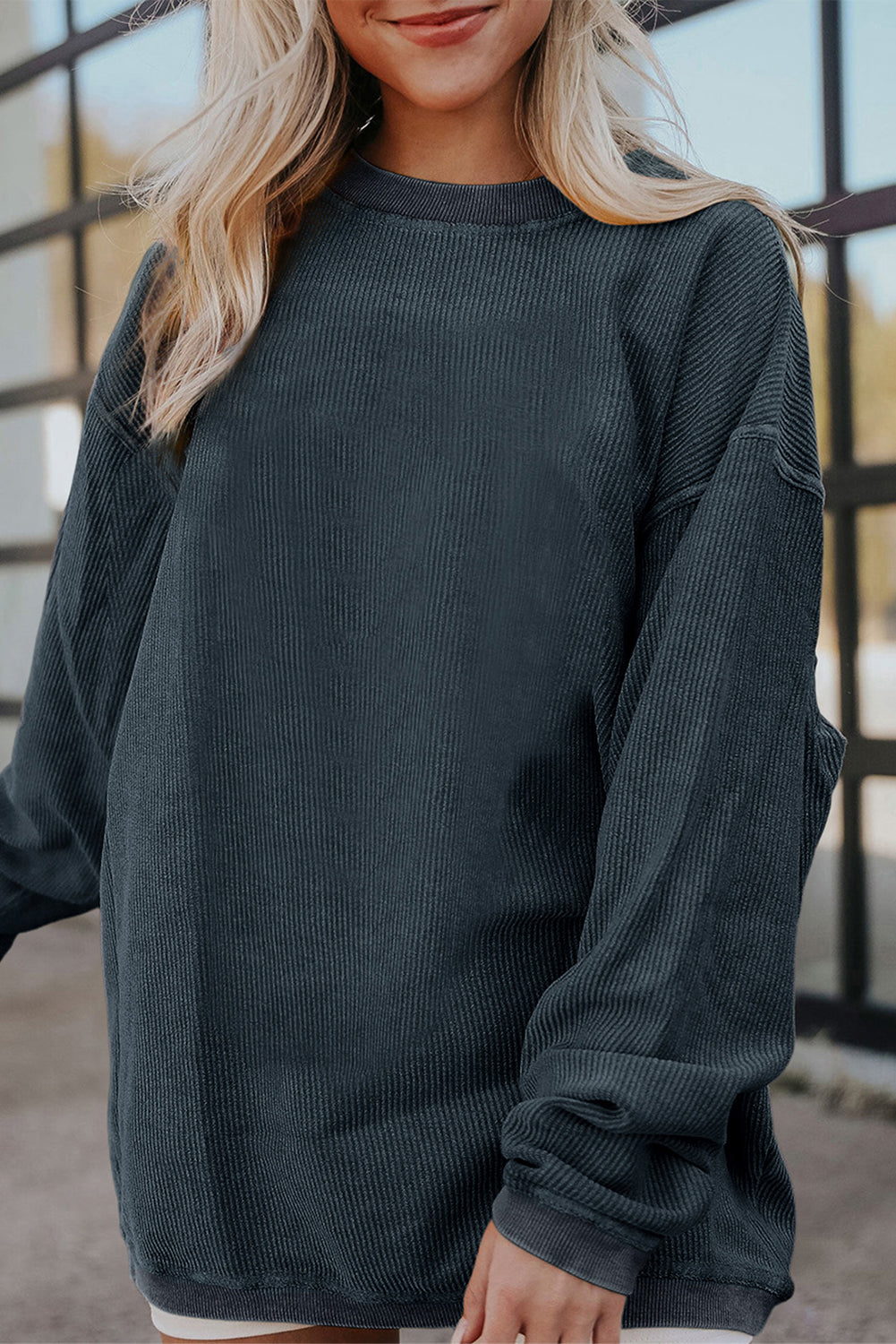 Strawberry Pink Ribbed Corded Oversized Sweatshirt