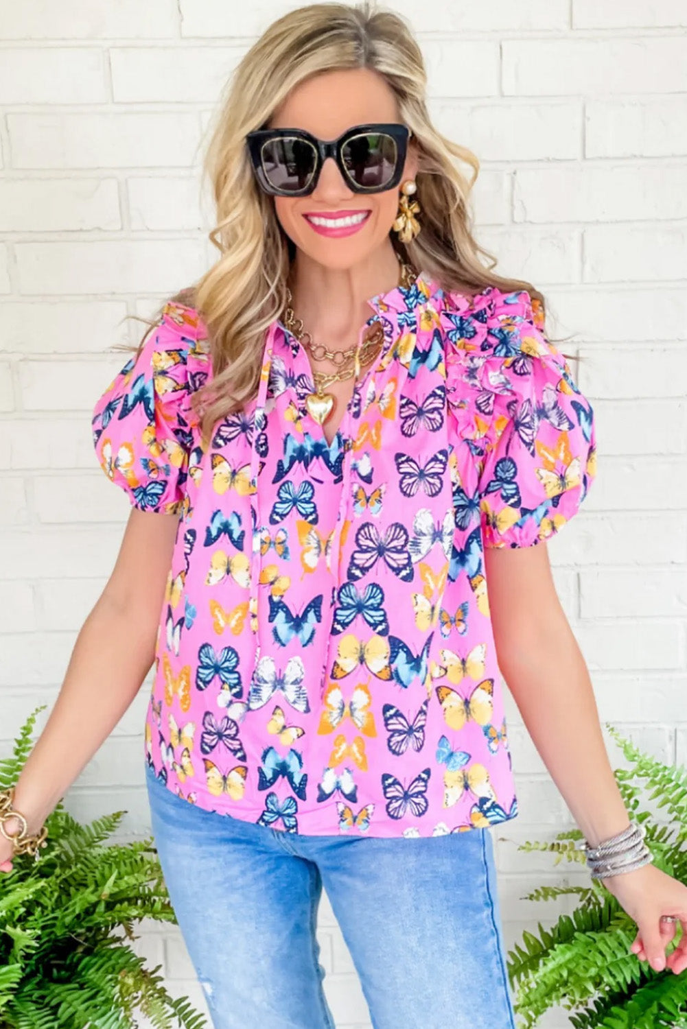 Butterfly Print Frill V Neck Puff Sleeve Blouse