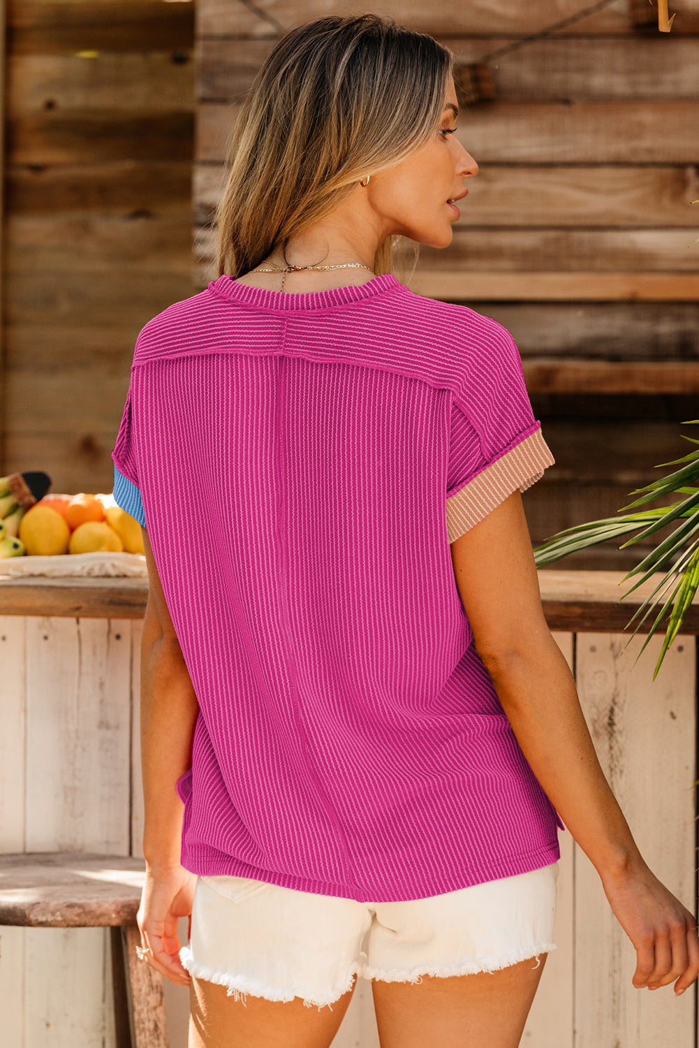 Apricot Pink Textured Colorblock Crew Neck T Shirt
