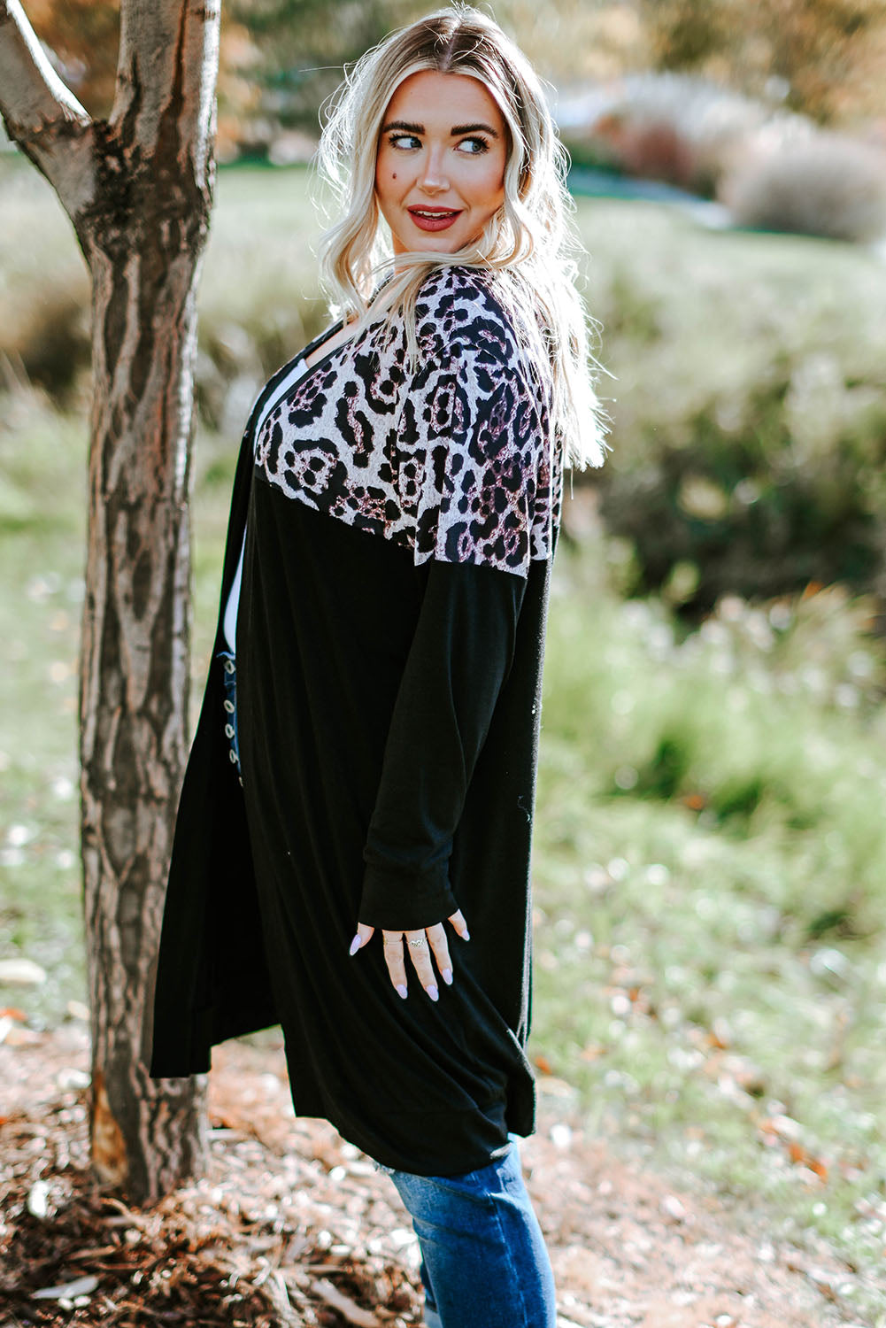 Red Printed Leopard Detail Plus Size Cardigan