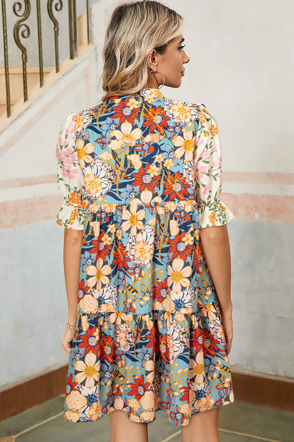 Boho Floral Print Crochet Patchwork Dress