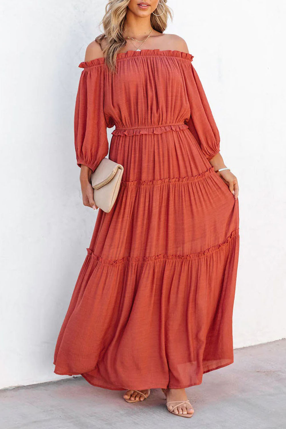 Bare Shoulder Balloon Sleeve Cutout Ruffled Maxi Dress