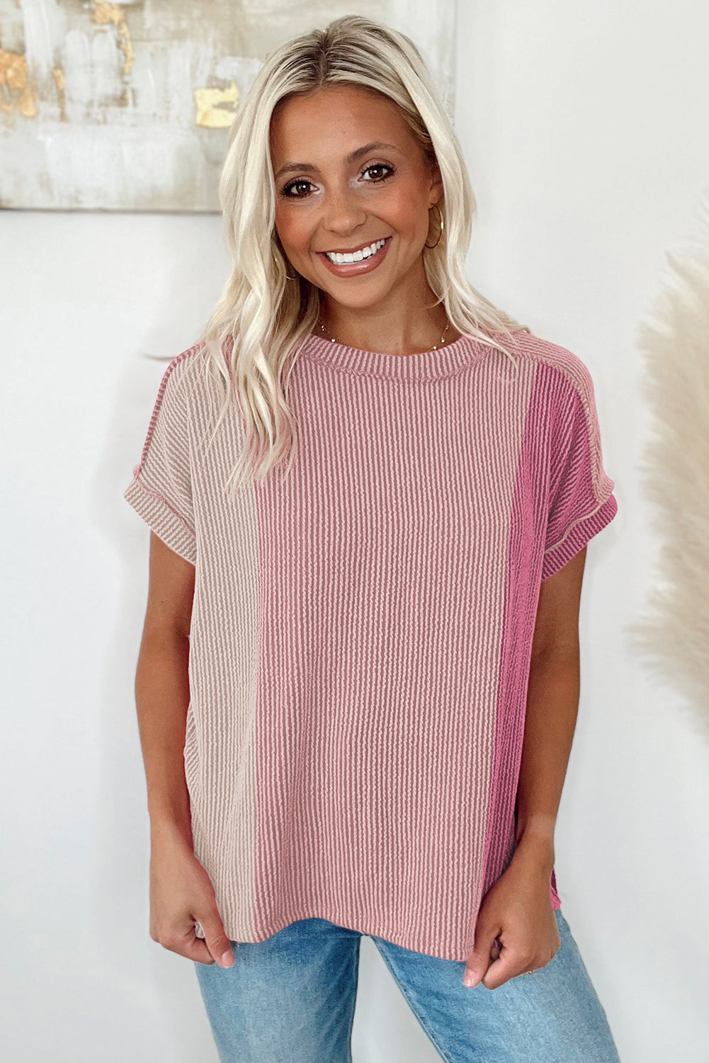 Apricot Pink Textured Colorblock Crew Neck T Shirt
