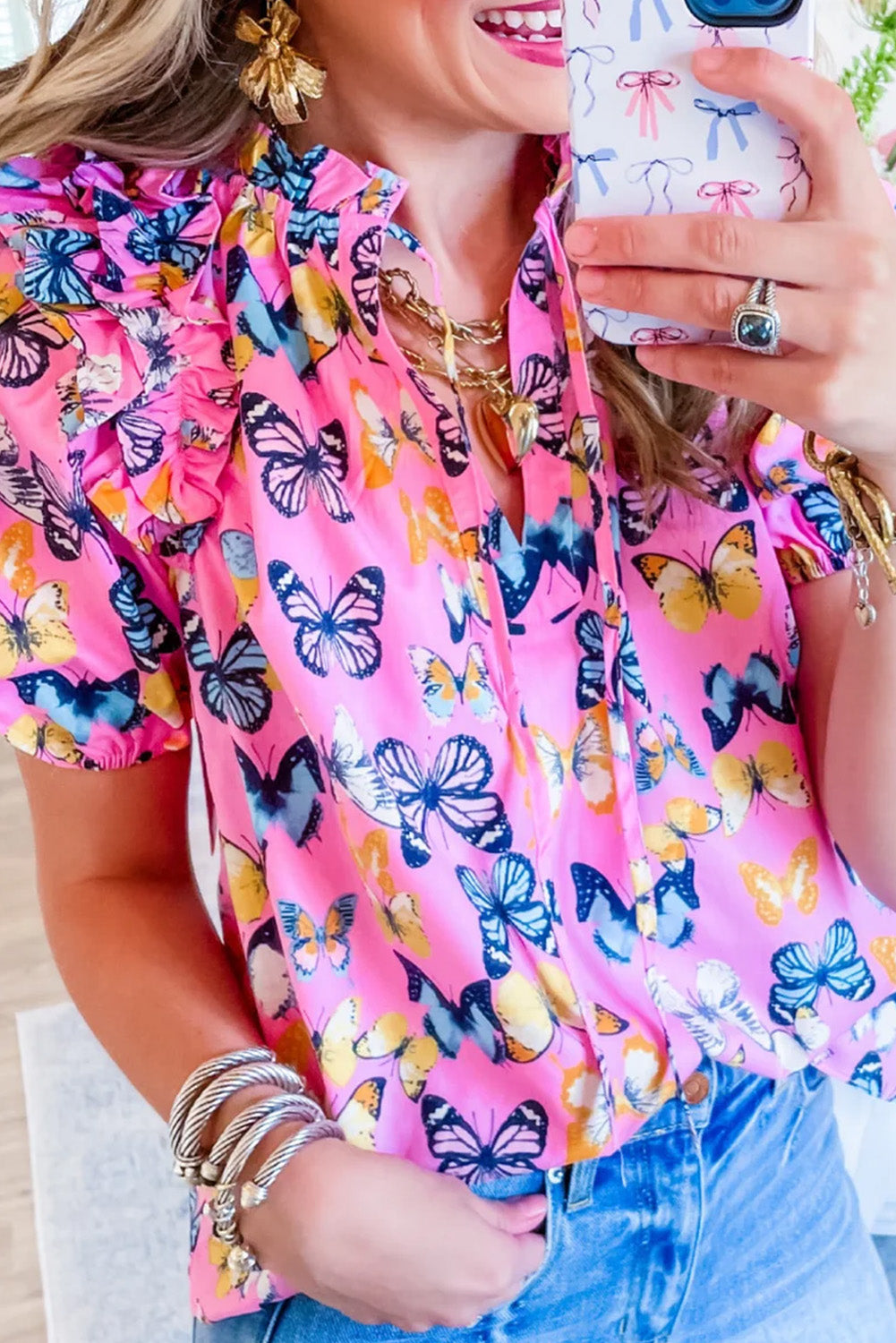 Butterfly Print Frill V Neck Puff Sleeve Blouse