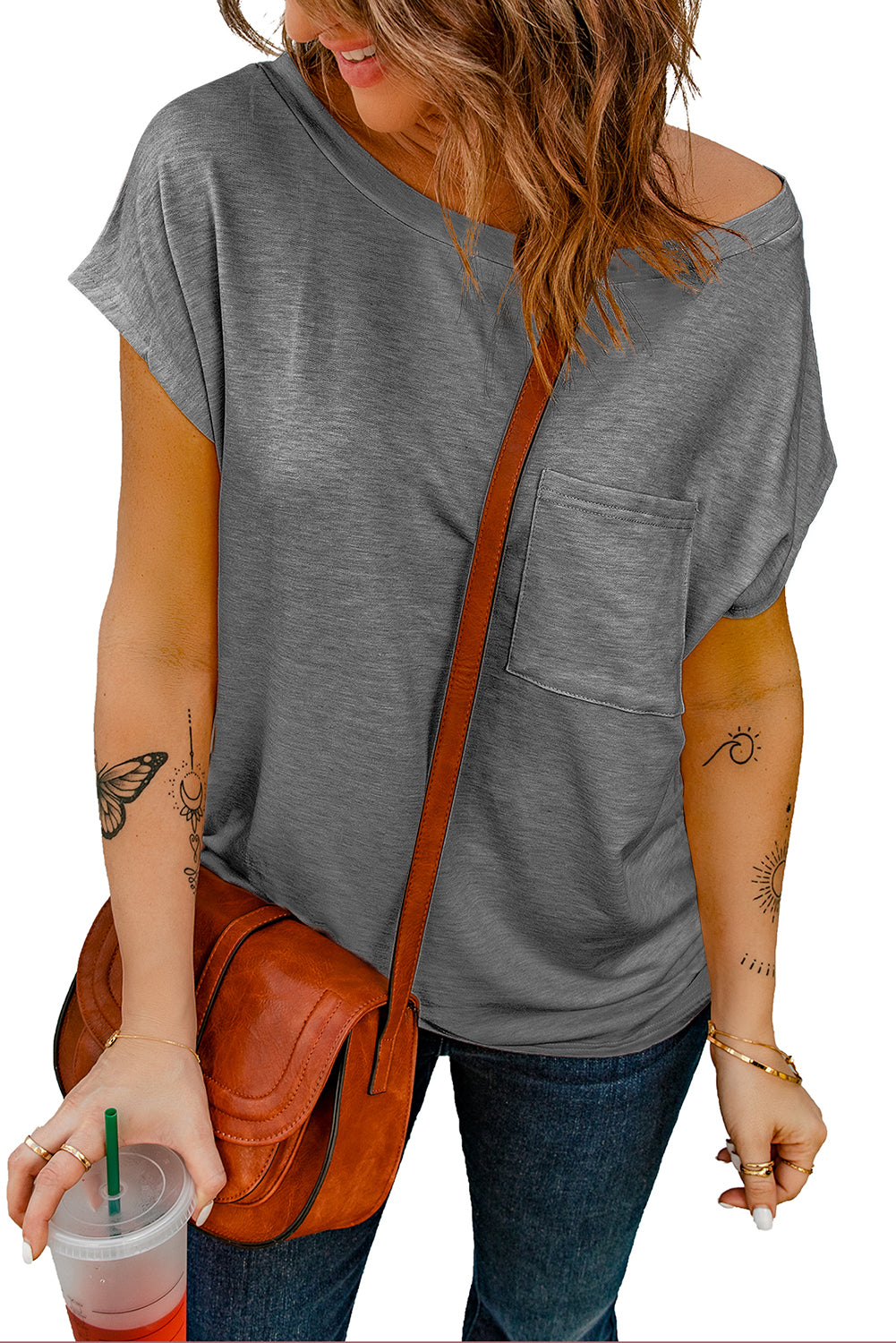 Solid Color Short Sleeve Basic T Shirt with Patch Pocket