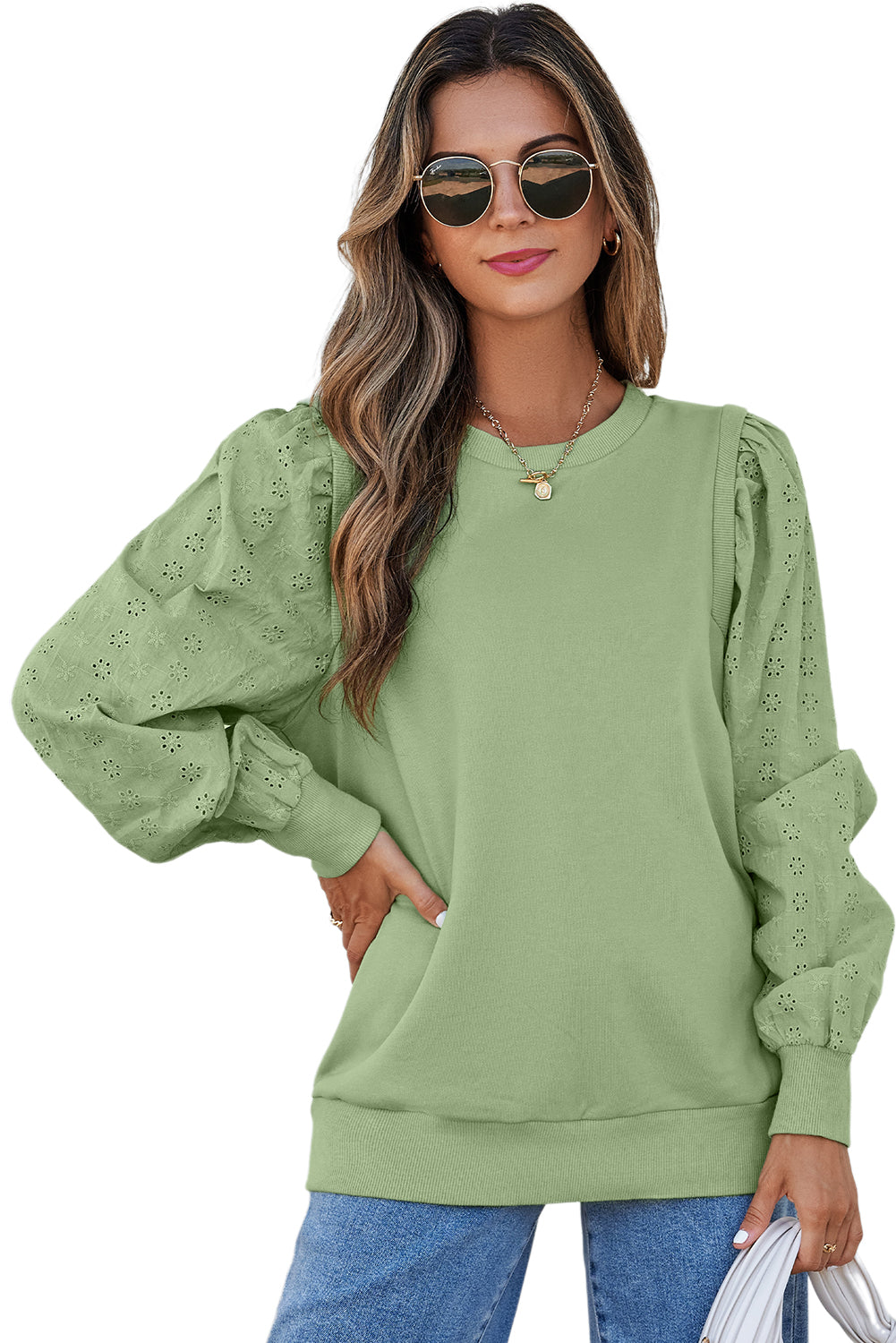 Solid Patchwork Sleeve Round Neck Sweatshirt