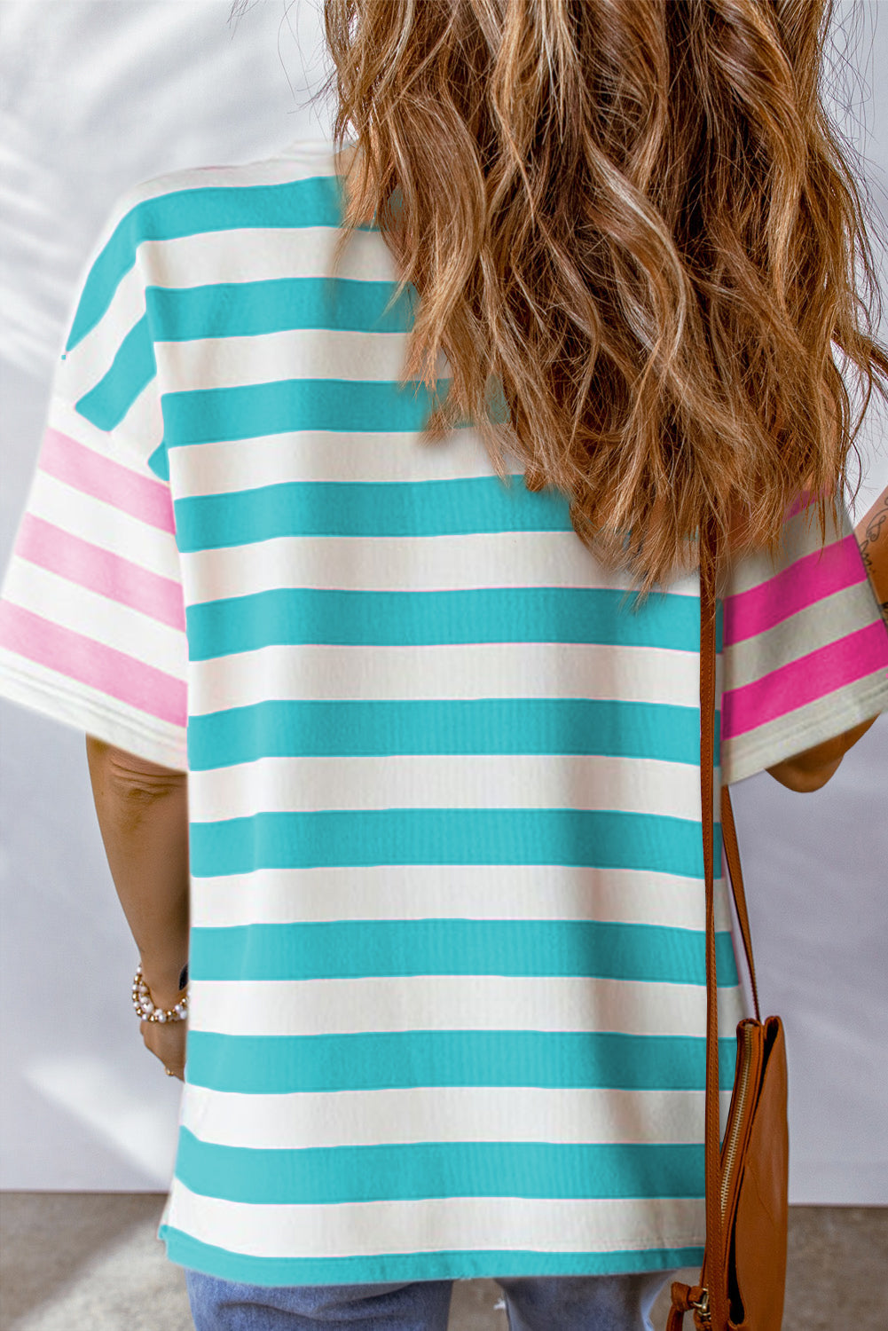 Orange Stripe Contrast Patch Pocket Drop Sleeve T Shirt