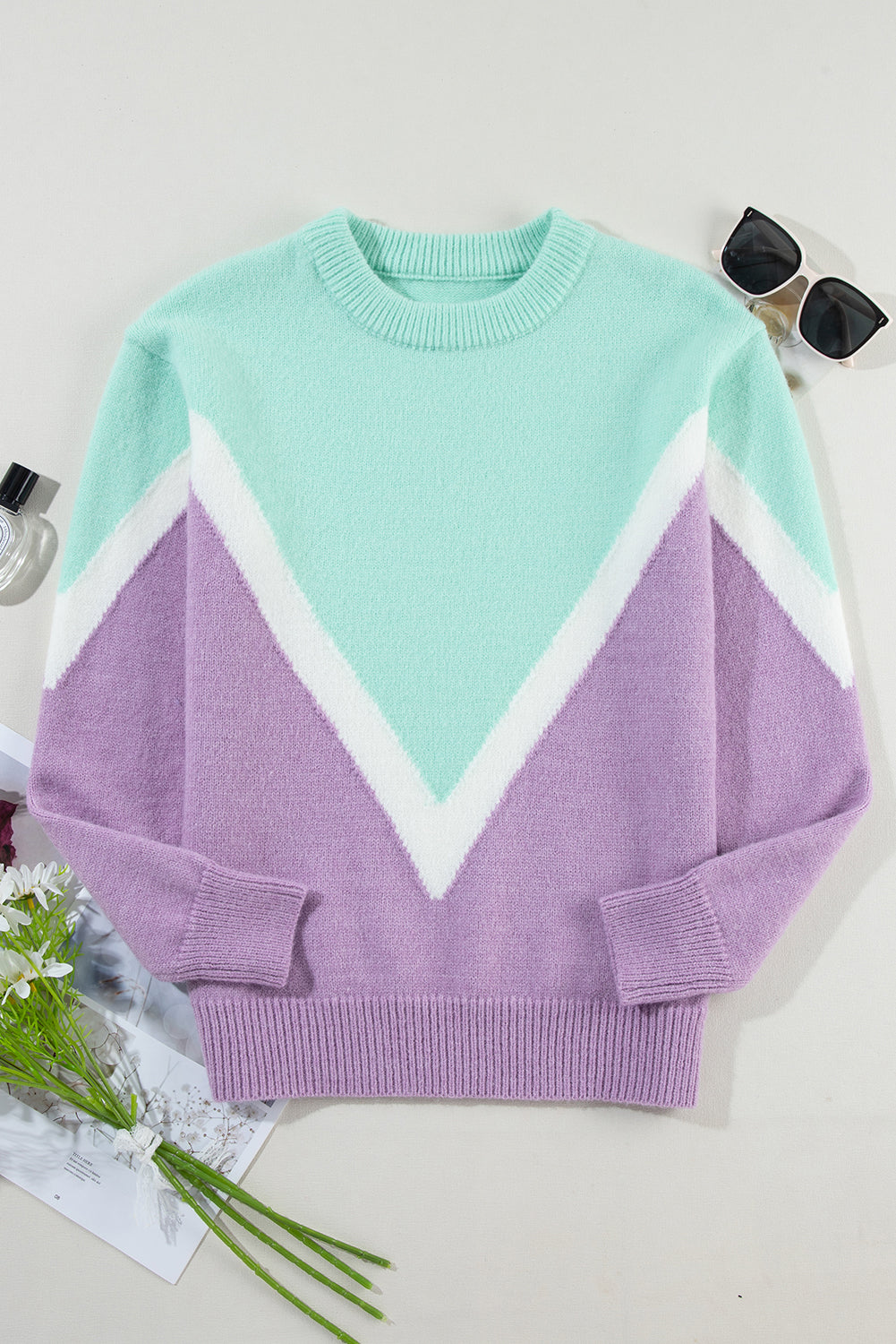 Chevron Colorblock Ribbed Knit Drop Shoulder Sweater