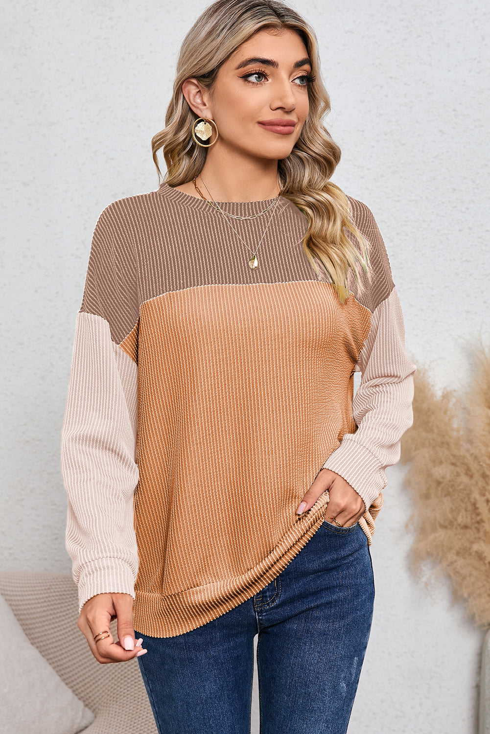Color Block Ribbed Loose Long Sleeve Top