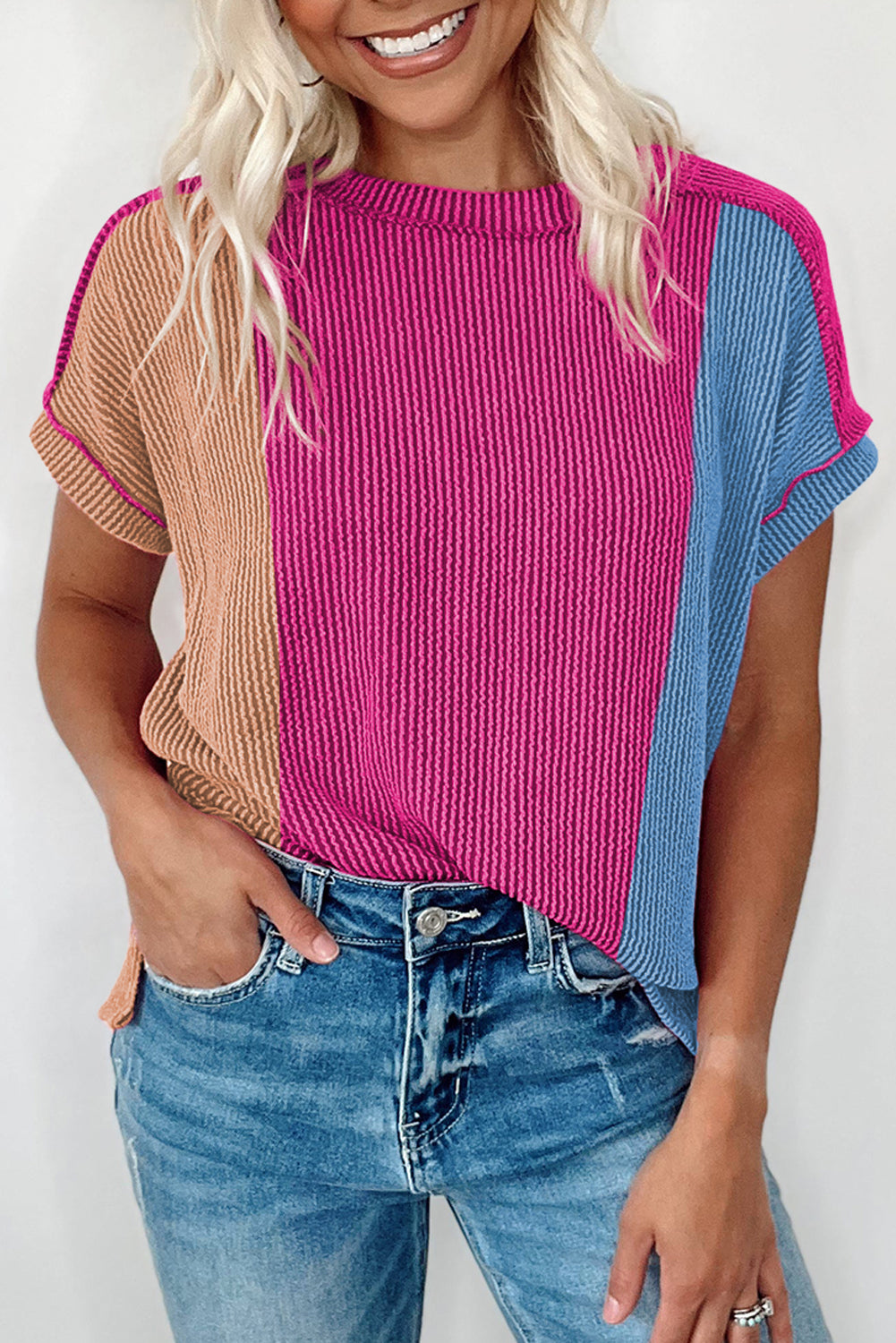 Apricot Pink Textured Colorblock Crew Neck T Shirt