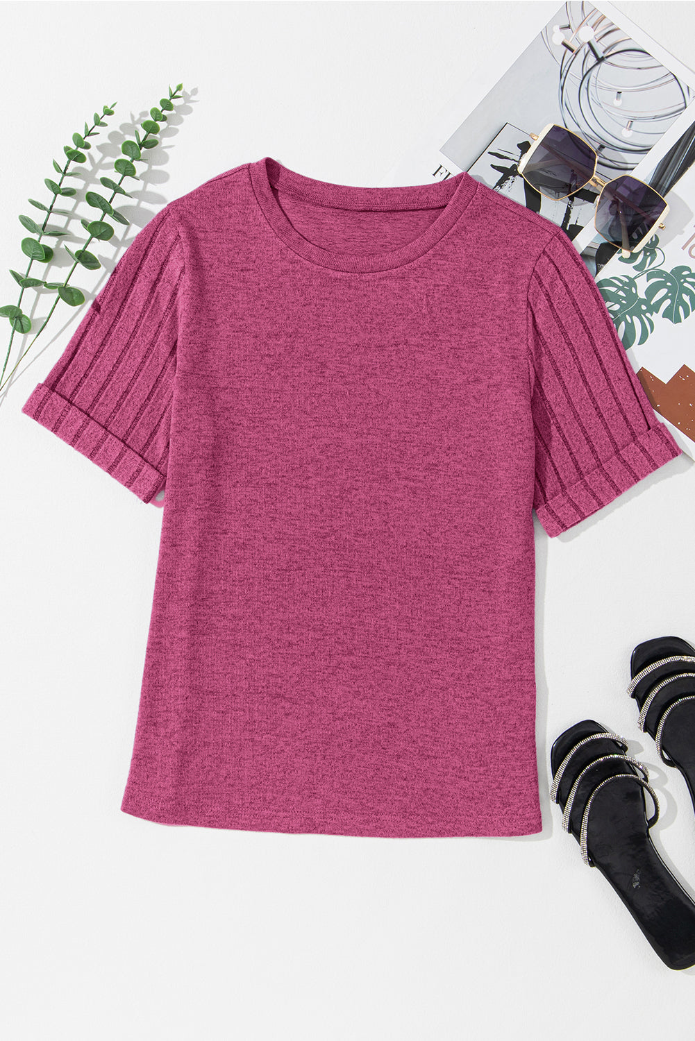 Gray Ribbed Splicing Sleeve Round Neck T-shirt