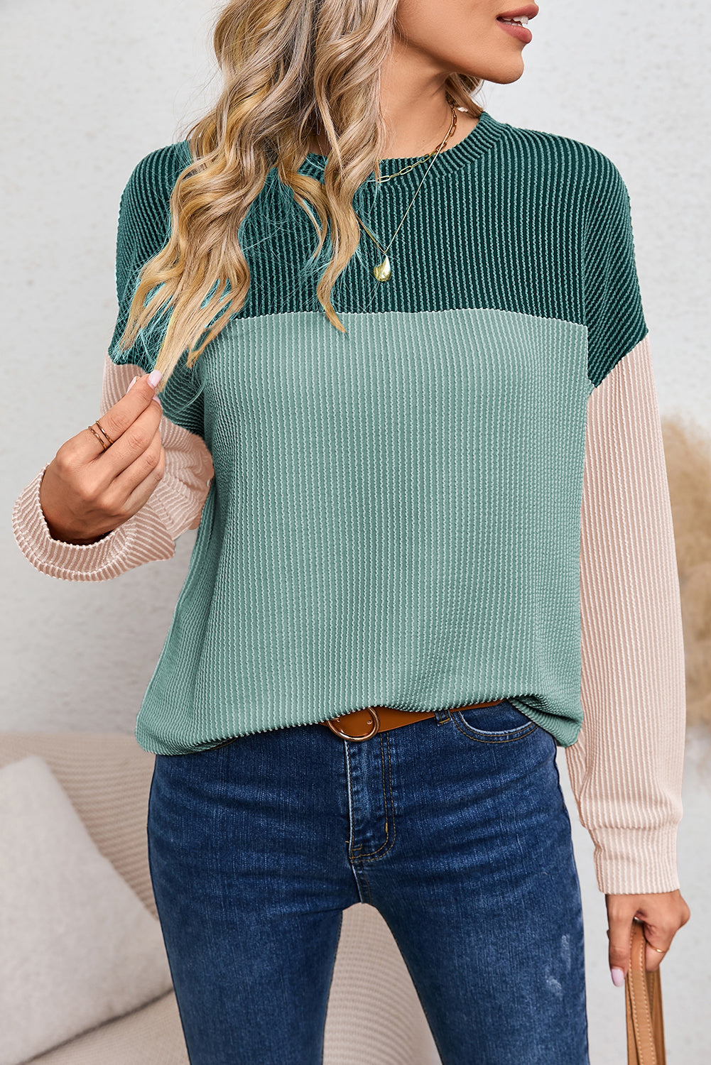 Color Block Ribbed Loose Long Sleeve Top