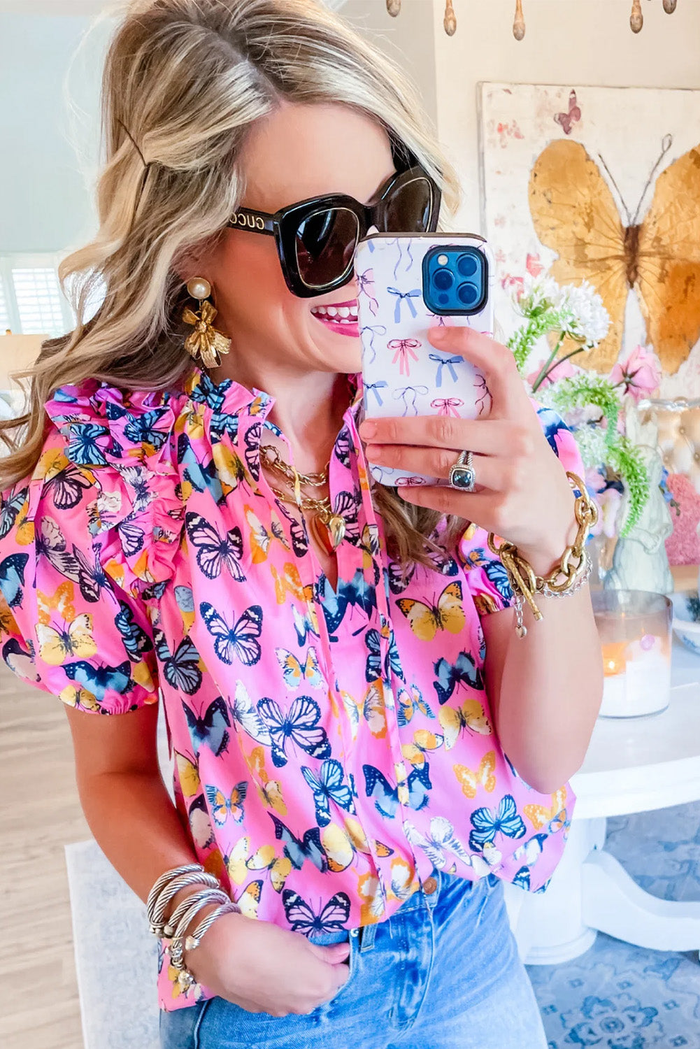 Butterfly Print Frill V Neck Puff Sleeve Blouse