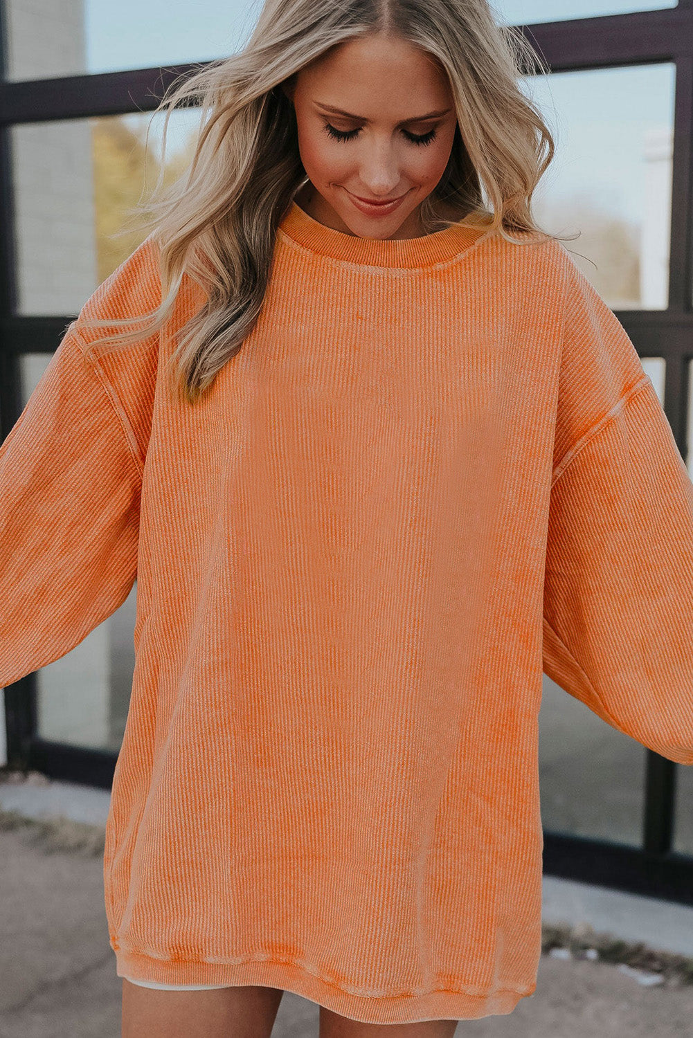 Strawberry Pink Ribbed Corded Oversized Sweatshirt