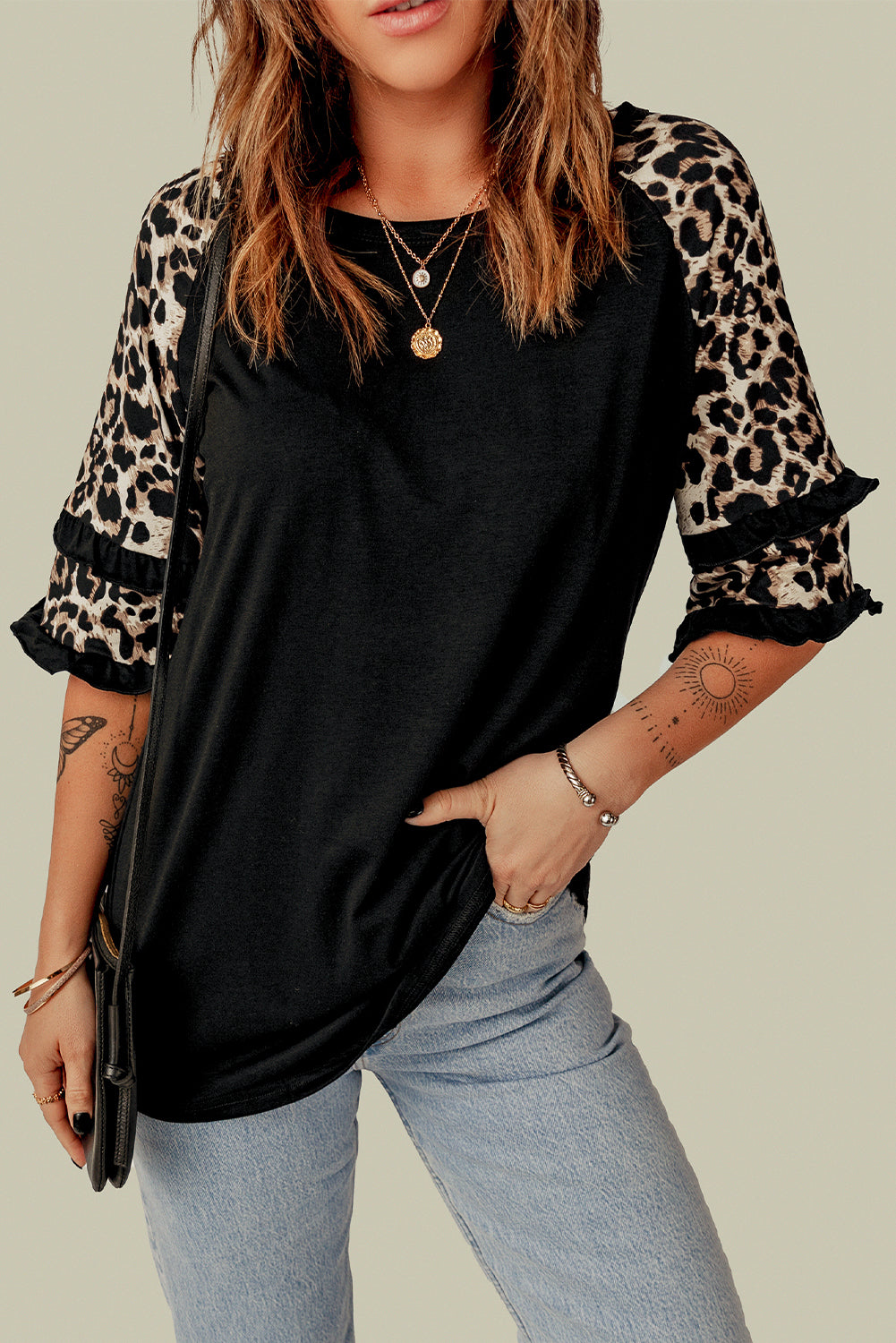 Cheetah Print Tiered Half Sleeve Jewel Neckline Blouse