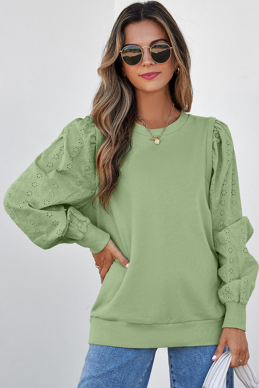 Solid Patchwork Sleeve Round Neck Sweatshirt