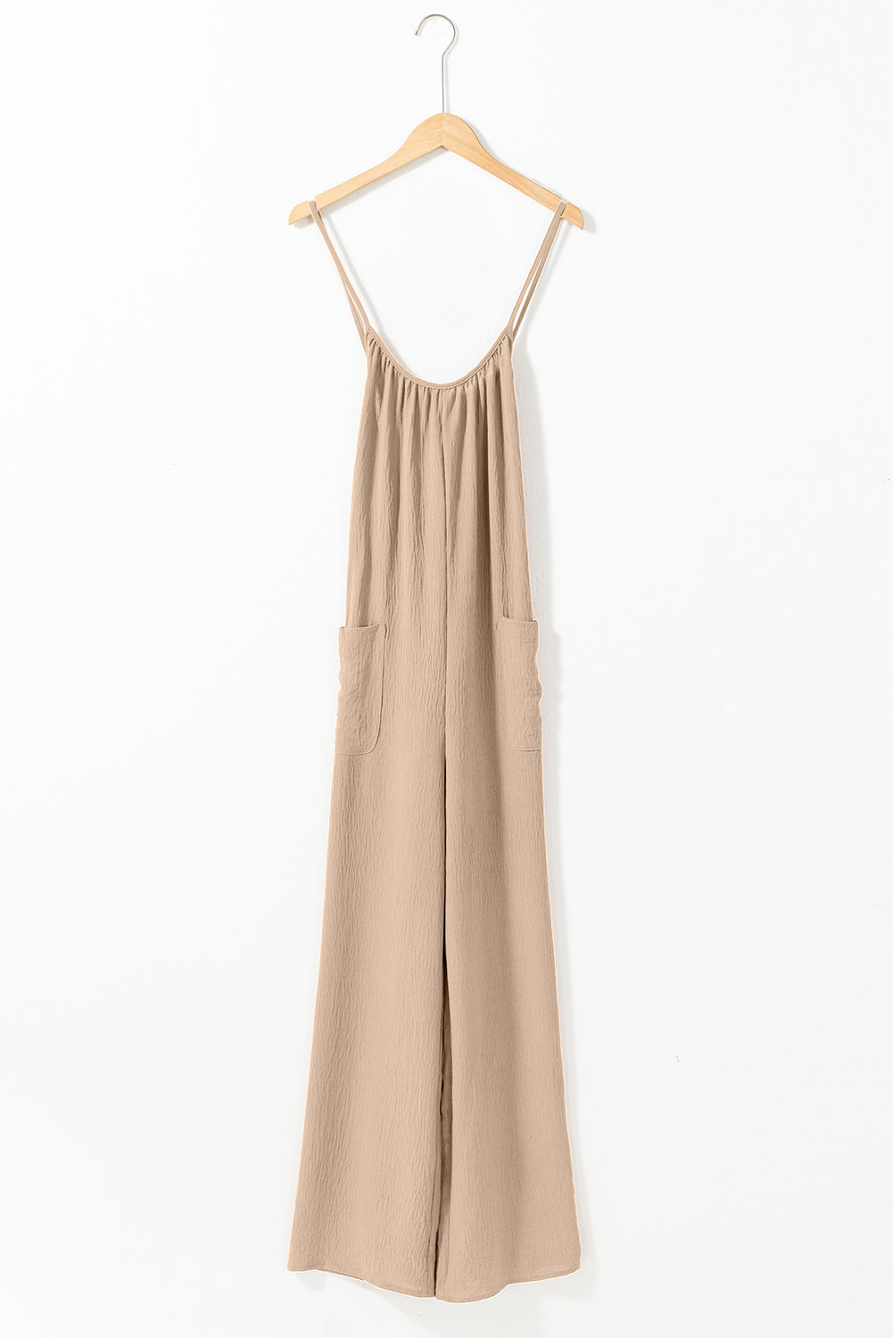 Chestnut Spaghetti Straps Waist Tie Wide Leg Jumpsuit with Pockets