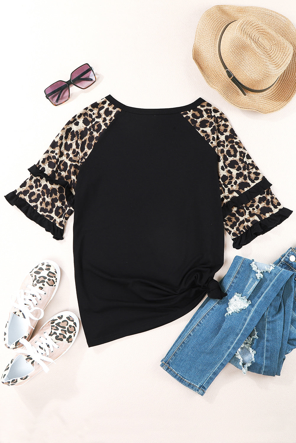 Cheetah Print Tiered Half Sleeve Jewel Neckline Blouse